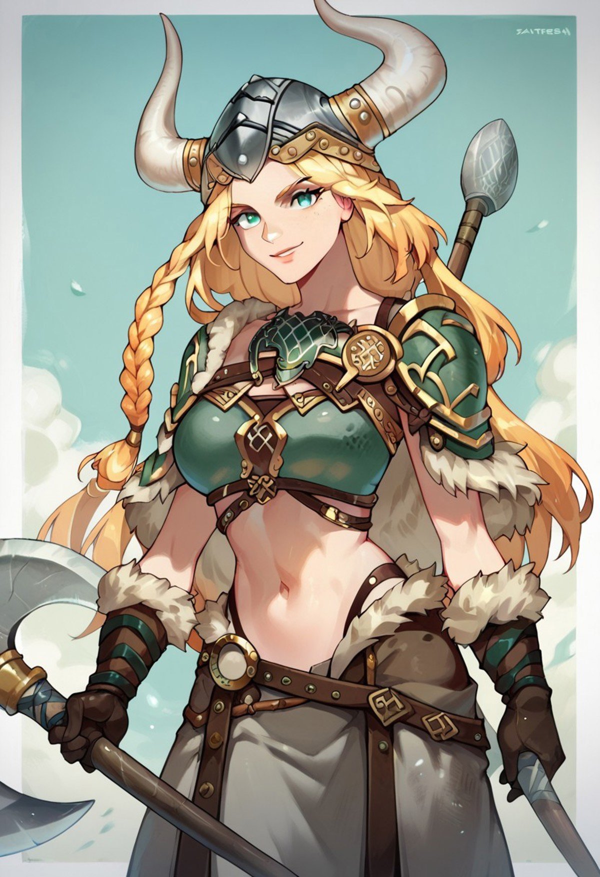 score_9, score_8_up, score_7_up, viking, 1girl, solo, looking at viewer, braid, armor, long hair, smile, holding weapon, gloves, navel