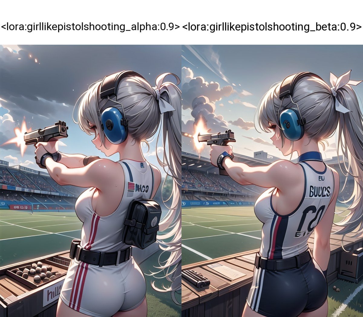 (((masterpiece))), (((best quality))), ((pistol shooting)), (holding air handgun), muzzle flash, aiming at target, aiming at viewer, firing, player uniform, sleeveless, sports shorts, ear defenders, fingerless gloves, open-air range, olympic games venue, sky, wind, steam, sweat, shadow, 1girl, ribbon, gray hair, bobcut, big tits, stnading, from behind, facing away,  <lora:girllikepistolshooting_alpha:0.9>