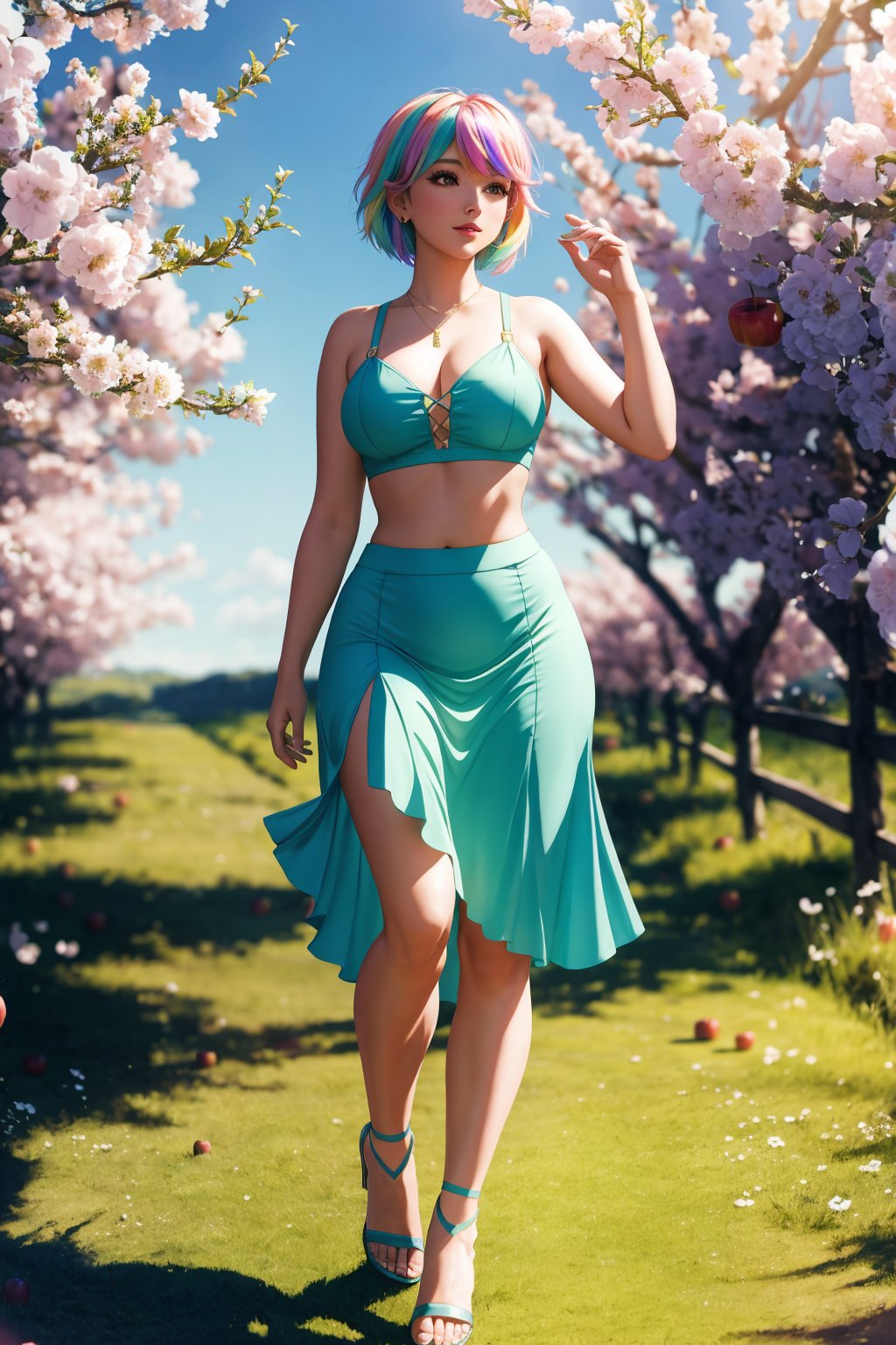 masterpiece of photorealism, photorealistic highly detailed professional 8k raw photography, best hyperrealistic quality, volumetric real-time lighting and shadows, Two-Shot (Two People in the Frame) Photography, Mermaid or Oceanic Fantasy, Curvy: Generous curves in the bust, waist, and hips, creating a voluptuous silhouette,  **Fitted Midi Skirt, Crop Top, and Strappy Heels**, Pastel Rainbow Pixie Cut, Kicking Pose: Playfully kicking one leg forward while maintaining balance., Countryside Apple Orchards in Bloom full of busy people