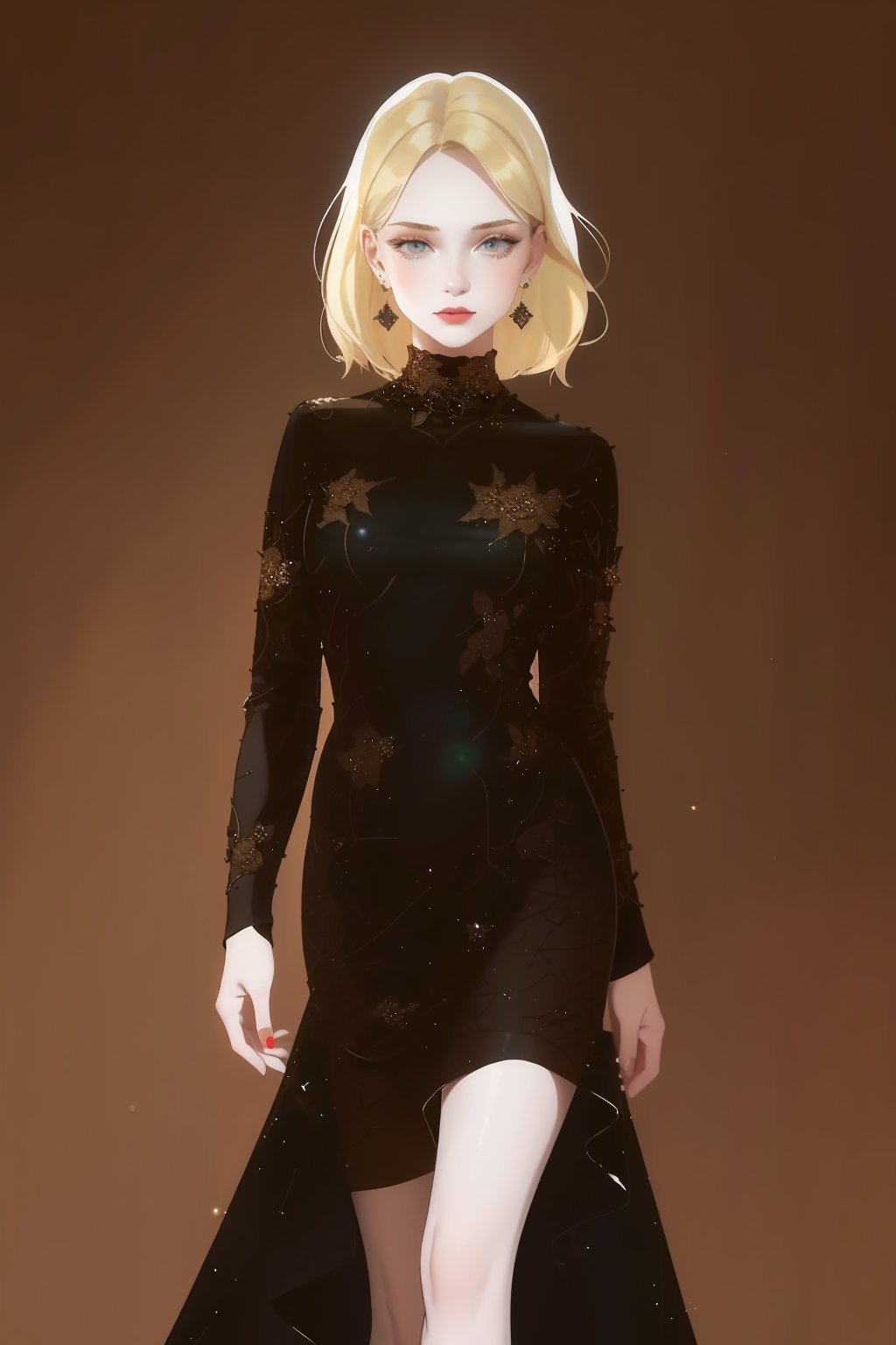 1girl,(blonde:1.2),(white_skin:1.2),dress,(black dress:1.3),looking at viewer,long sleeves,standing,earrings,brown background,<lora:lbc_black_dress_240330_v1.0-000010>,