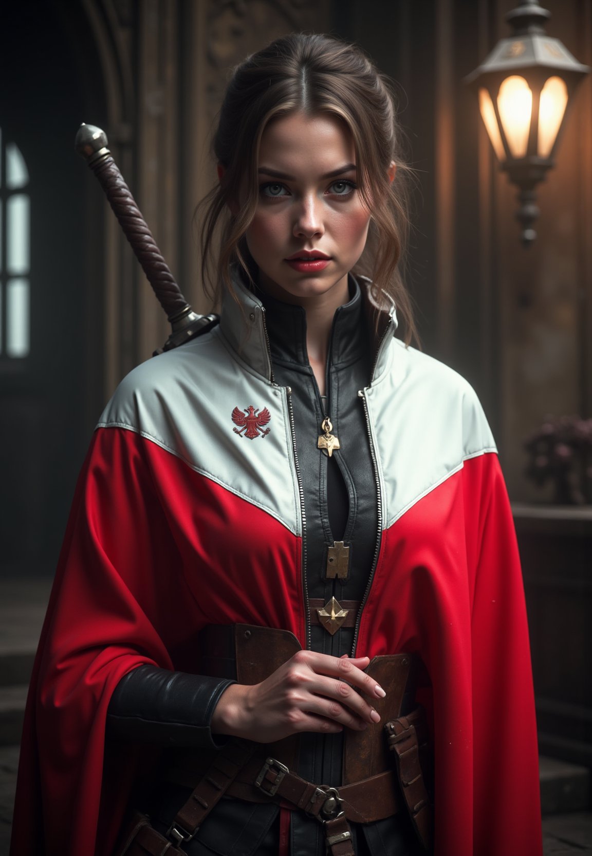 a beautiful polish woman wrapped in the polish flag. in one hand she holds a royal scimitar sword, on her shoulder a pukler with an emblem, inkpunk style,thematic background, side light, rim lighting, studio lighting, ultra quality, sharp focus, film grain, Fujifilm XT3, highly detailed glossy eyes, high detailed skin, skin pores,dark fantasy, romantic,dynamic fighting pose,,natural pose, dark fantasy style, raw, uhd, dslr