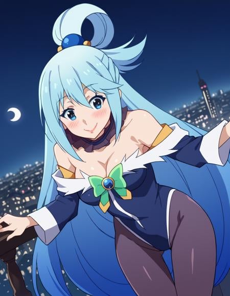 score_9, score_8_up, score_7_up, source_anime, konosubaaqua, <lora:konosuba-aqua-s2-ponyxl-lora-nochekaiser:1>, aqua (konosuba), long hair, blue eyes, hair ornament, very long hair, blue hair, hair rings, single hair ring, hair bobbles,, <lora:morrigan-aensland-cosplay-ponyxl-lora-nochekaiser:1>, morriganaenslandcosplay,head wings, lipstick, makeup, animal print, bat print, bat wings, black leotard, cleavage, clothing cutout, demon girl, fur trim, fur-trimmed leotard, heart cutout, leotard, low wings, pantyhose, print pantyhose, purple pantyhose, wings, bare shoulders, collarbone,, outdoors, cityscape, night, moon, bent over, smile, blush,, cowboy shot, dutch angle,