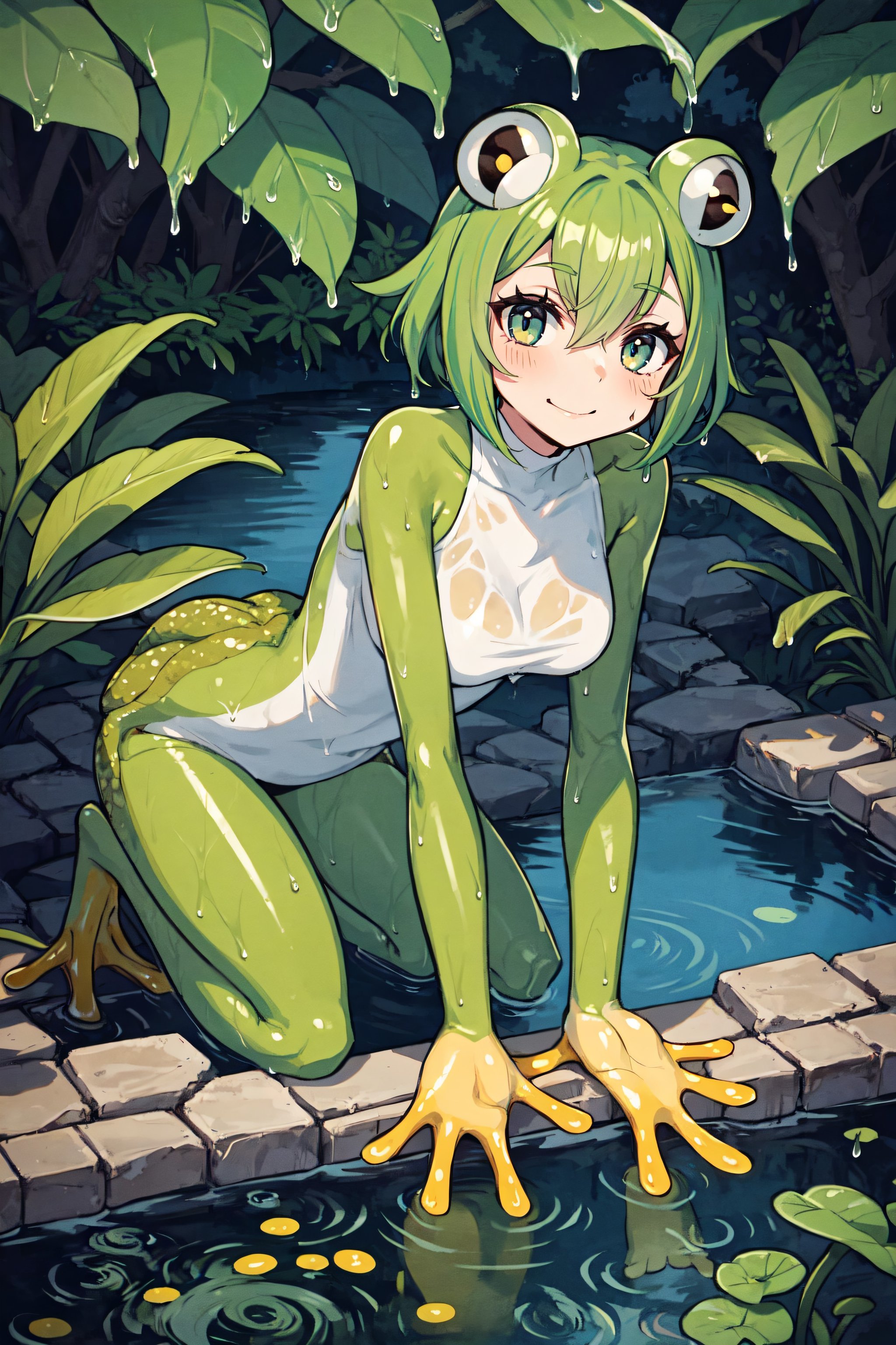 1girl, frog girl, smile, wet, all fours, full body, pond