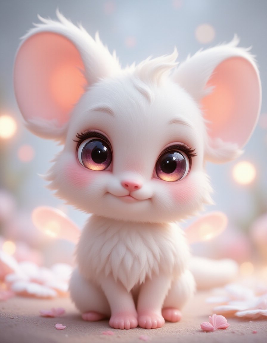 Create an image of the cutest animal ever imagined, combining features that evoke ultimate adorableness. The animal has big, sparkling eyes that radiate innocence and curiosity, a tiny round nose, and fluffy, soft fur in pastel hues. Its body is small and round, with tiny paws and a gently curled tail. The creature has oversized, floppy ears, adding to its charm, and maybe even small wings or a whimsical feature like glowing, fairy-like antennae. The background is soft and magical, with glowing flowers and a dreamy atmosphere that enhances the cuteness of the creature.