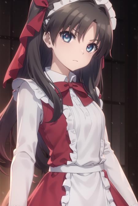 rintohsaka, <lora:rin tohsaka prisma s2s3-lora-nochekaiser:1>,rin tohsaka, long hair, black hair, two side up, aqua eyes, bow, hair bow,BREAK thighhighs, dress, frills, black thighhighs, zettai ryouiki, long sleeves, maid, maid headdress, red dress,BREAK outdoors, snow,BREAK looking at viewer, (cowboy shot:1.5), dynamic pose,BREAK <lyco:GoodHands-beta2:1>, (masterpiece:1.2), best quality, high resolution, unity 8k wallpaper, (illustration:0.8), (beautiful detailed eyes:1.6), extremely detailed face, perfect lighting, extremely detailed CG, (perfect hands, perfect anatomy),