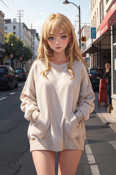 masterpiece, best quality,1girl,  <lora:OversizedClothes_FefaAIart:1>,long hair,  blonde hair,oversized sweater,