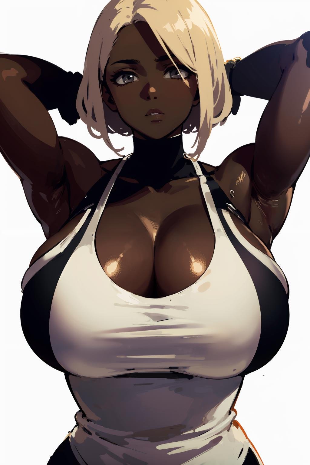 masterpiece,high quality,highres,1girl,solo,<lora:darkskin-v2-wasabiya:1>,dark-skinned female,huge breasts,dress,upper body,arms behind back,blonde,white background,very dark skin,