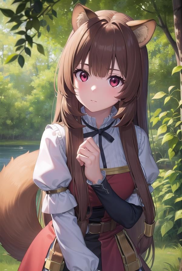 raphtalia, <lora:raphtalia-lora-nochekaiser:1>,raphtalia, animal ears, brown hair, long hair, raccoon ears, raccoon girl, raccoon tail, (red eyes:1.5), tail,BREAK arm garter, belt, brown belt, brown dress, dress, juliet sleeves, long sleeves, puffy sleeves, short dress,BREAK looking at viewer,BREAK outdoors, forest, nature, sun, sky, (cowboy shot:1.5),BREAK <lyco:GoodHands-beta2:1>, (masterpiece:1.2), best quality, high resolution, unity 8k wallpaper, (illustration:0.8), (beautiful detailed eyes:1.6), extremely detailed face, perfect lighting, extremely detailed CG, (perfect hands, perfect anatomy),