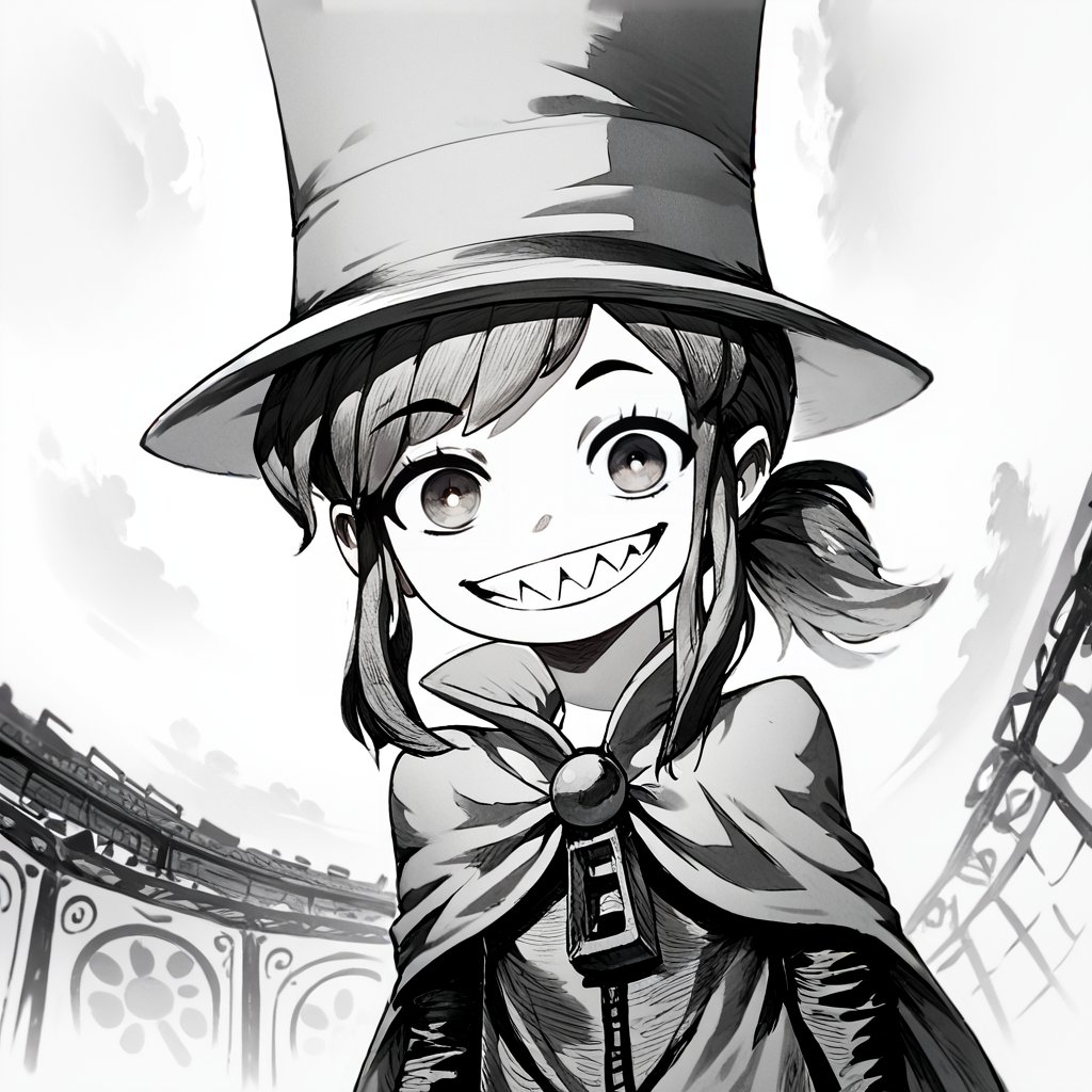 <lora:Chronozbergh:1>,greyscale,monochrome,1girl,solo,<lora:hatkidspecial:1>,hat-kid,sidelocks,ponytail,top hat,dress,zipper pull tab, cape,pants,cowboy shot,looking at viewer,evil smile,sharp teeth,holding sword on shoulders,pointing at viewer,colosseum,cloudy sky,, score_9, score_8_up, score_7_up, perfect anatomy, source_anime, zPDXL2,