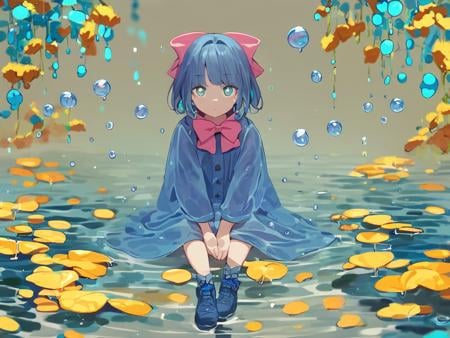 score_9, score_8_up, score_7_up, score_6_up, score_5_up, score_4_up, rating_safe, source_anime, 1girl, blue footwear, water background,expressionless, female, sitting, water droplets, ribbons, large pupils, blue hair, pink bow, blue raincoat, looking at viewer, head on hand<lora:Pony_DetailV2.0:0.5>