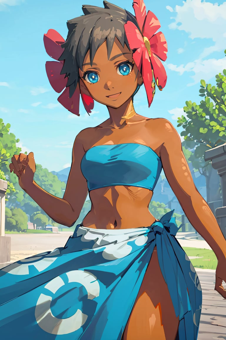 <lora:botw_style_offset:0.8>,((masterpiece,best quality)), absurdres, <lora:Phoebe_Pokemon:0.8>, Phoebe_Pokemon,  blue eyes, hair flower, sarong, tube top, dark skin,  solo, smiling, looking at viewer, cowboy shot,