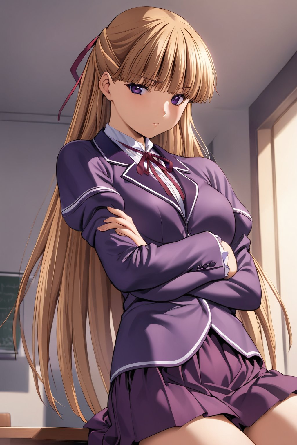 high detailed,very aesthetic,cowboy shot,kanzaki asuka, 1girl, solo, school uniform, purple blazer, purple skirt, half updo, hair ribbon, purple eyes, blonde hair, long hair, blunt bangs, (masterpiece, high-quality, breathtaking, highres, ultra detailed), (expressive eyes, perfect face),<lora:kanzaki asuka aam:0.8>