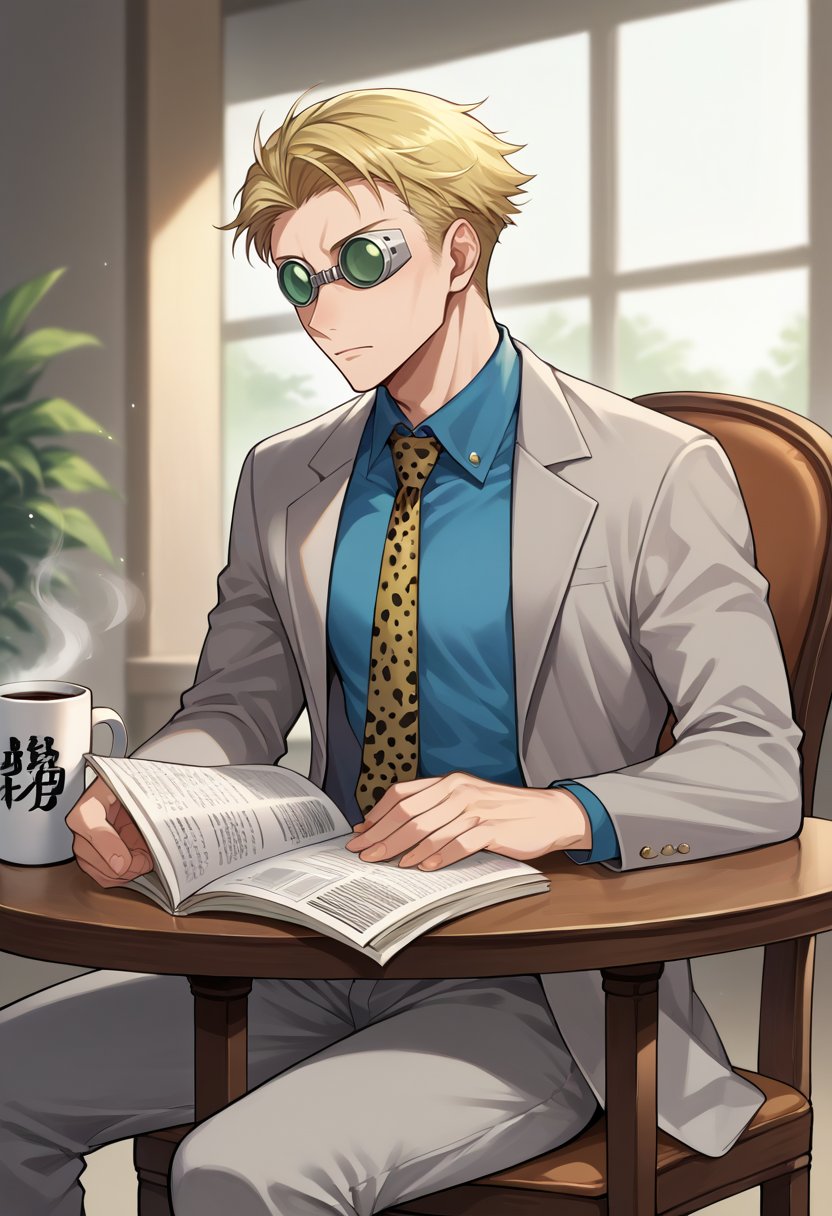 score_9, score_8_up, source_anime, 1boy, solo, NanamiBase, blonde hair, short hair, goggles, grey jacket, yellow necktie, leopard print, blue shirt, collared shirt, grey pants, sitting, on chair, table, coffee mug, reading newspaper, <lora:ChamKentoNanamiPonyXL:1.0>