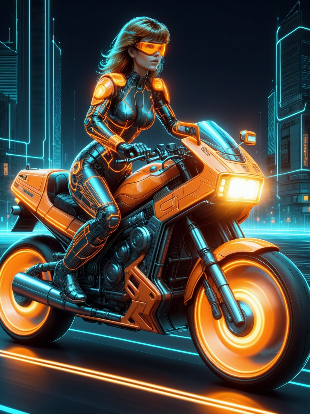mad-cyberspace, woman driving a motor bike, orange glowing outlines, light trail, dynamic pose, grid, motion blur, cyberpunk, 1980s, retro, scifi, city<lora:Neon_Cyberpunk_SDXL_-_Cyberspace:0.8>, (masterpiece:1.2), best quality, (hyperdetailed, highest detailed:1.2), high resolution textures