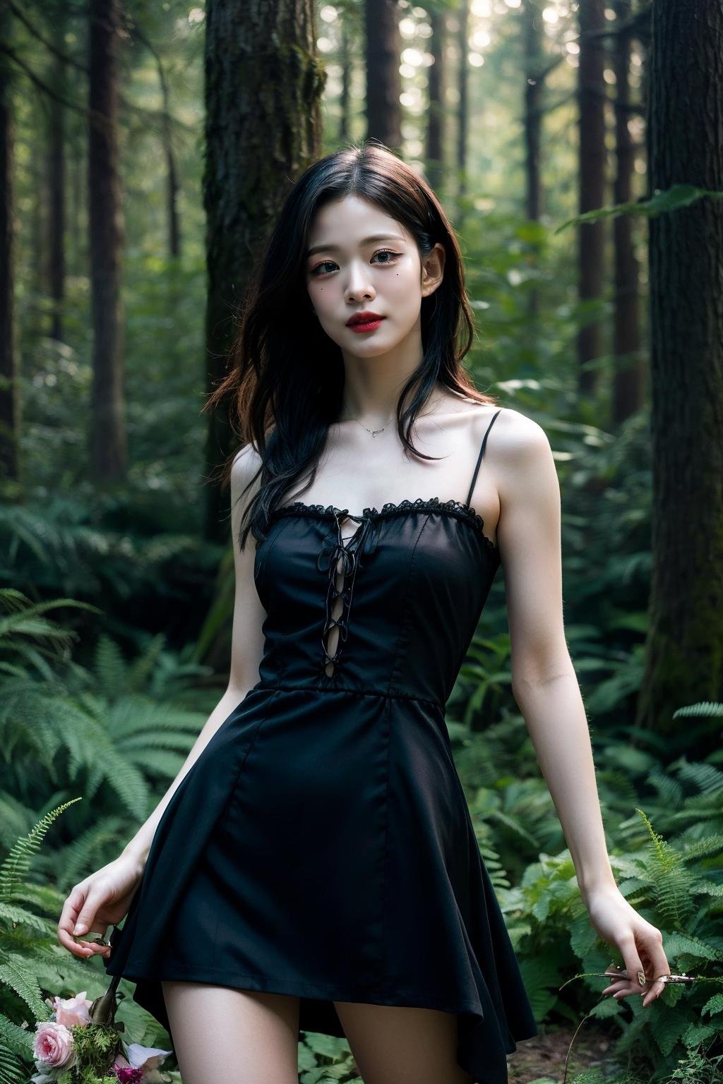 (realistic), (hyperrealism),best quality, masterpiece,ultra high res, (photorealistic:1.4),1girl, black gothic dress, jewelry, forest, flowers, dynamic pose, sun light,cowboy shot,<lora:makina69_leechaeyoung_v2.0:1> ,<lora:add_detail:0.6>