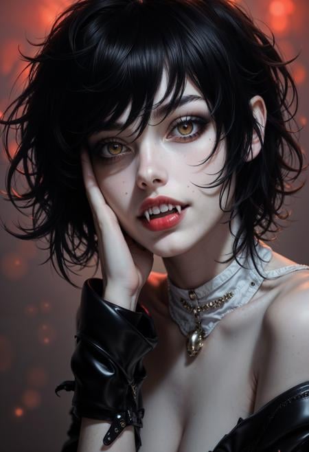 hyperrealistic cyberpunk young woman, short messy wavy black hair, white skin, brown horny eyes, inviting gaze, parted imperial red lips, showing her fangs,<lora:FluxF4ngs:1>