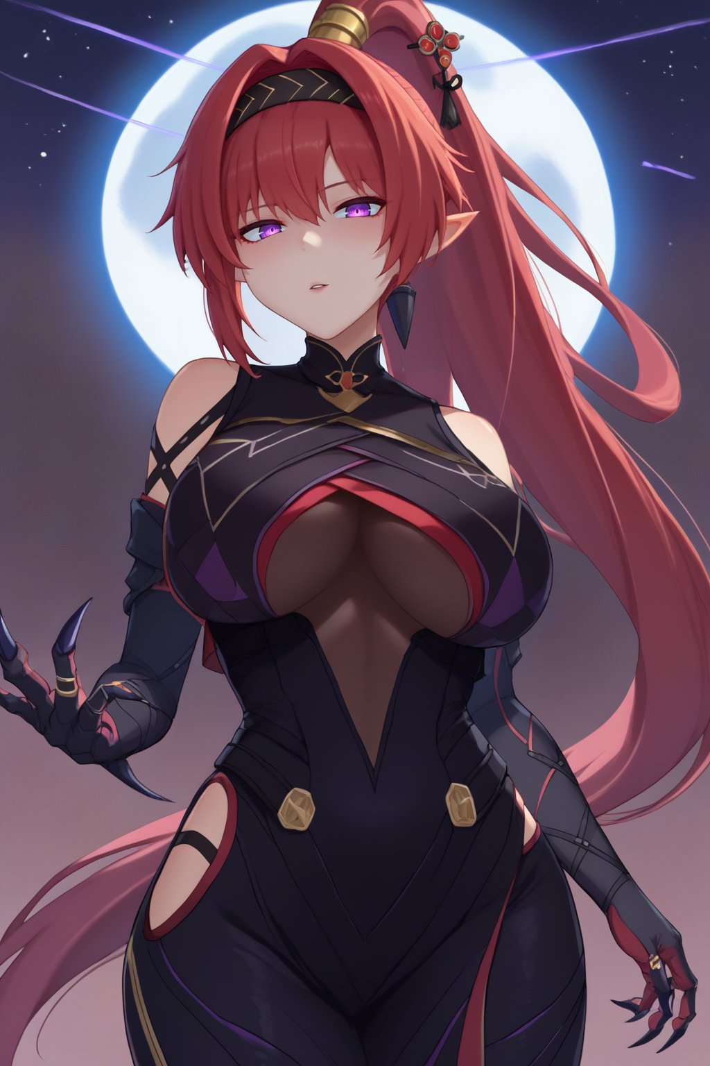 score_9, score_8_up, score_7_up, source_anime BREAK solo, 1girl, yinlinwuwa, red hair, purple eyes, long hair, ponytail, pointy ears,hairband, hair ornament, dress, black dress, gloves, black gloves, elbow gloves, claw ring,large breasts, wide hips,looking at viewer, parted lips, dark, darkness, purple sky, night, moon, fantasy, isekai<lora:EMS-380942-EMS:1.000000>