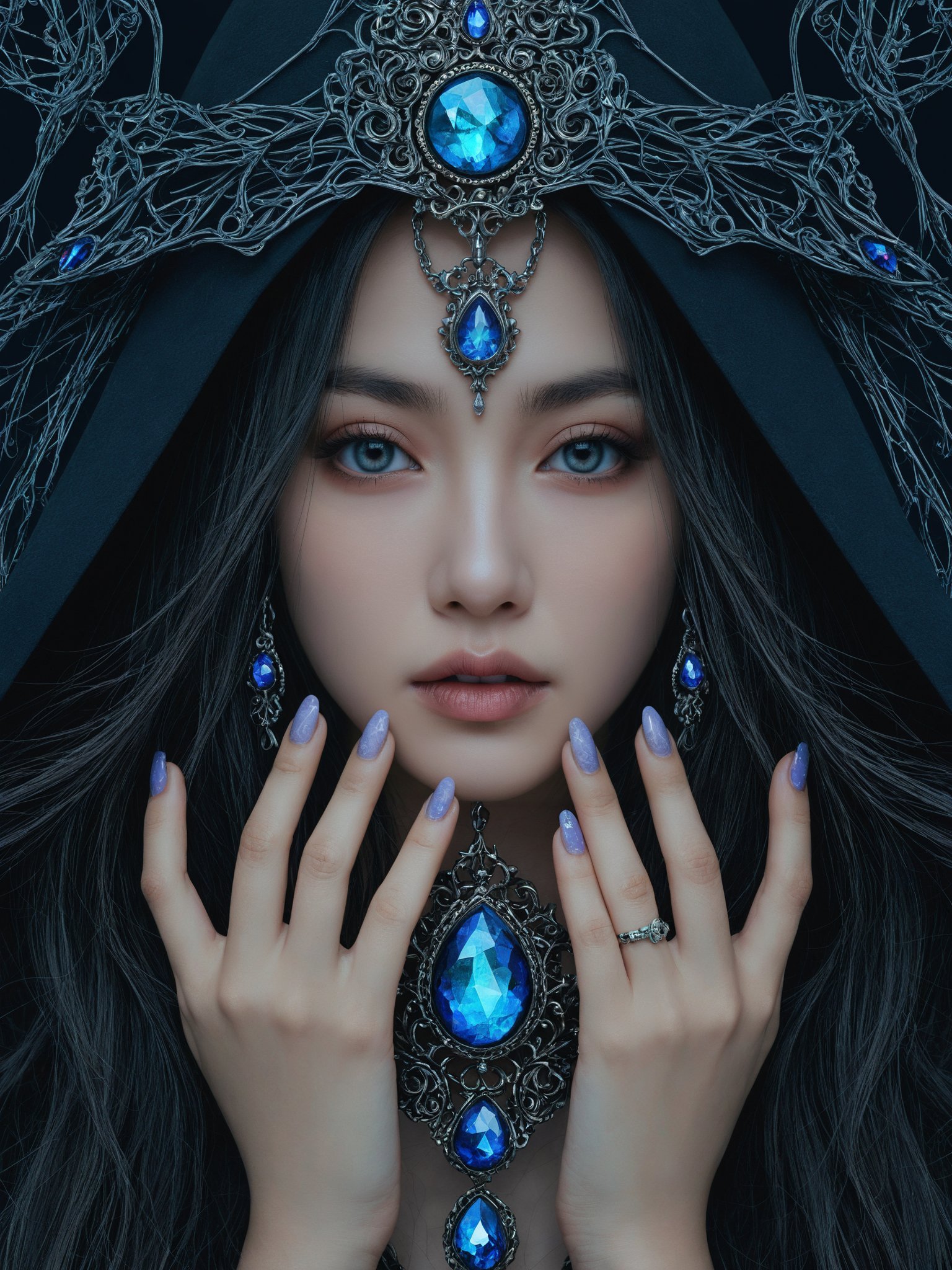 official art,beautiful and aesthetic,1girl,long hair,beautiful face,detailed eyes,colorful,jewelry,night,(realistic:1.5),extreme detailed,(fractal art:1.3),witch,