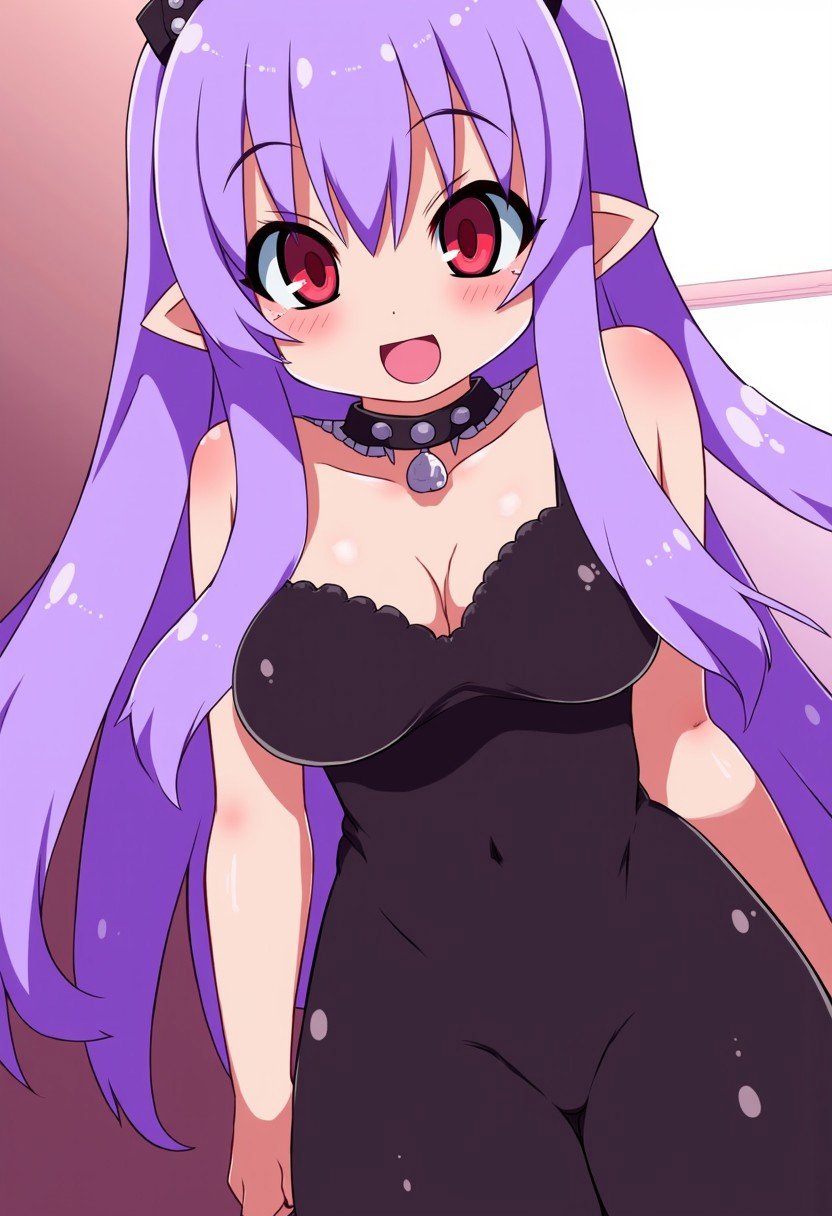 zankuro,  ishtar-san, medium breasts, smile, blush, long hair, looking at viewer, pointy ears, purple hair, red eyes, solo, cowboy shot, standing, black dress, 