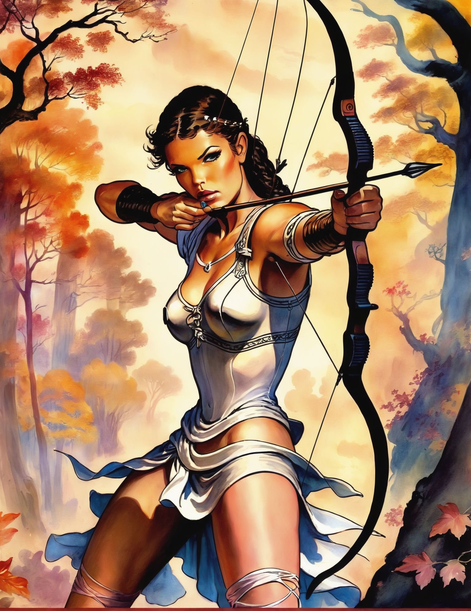 Wide-angle fantasy painting, (Seductive archer character:1.4), (Retro charm:1.4), (High-resolution:1.4), Piercing eyes, Sultry stance, (Alluring appearance:1.4), Intricate details, Dynamic posture, Enigmatic atmosphere, mlmnr style <lora:MiloManara XL_11:1>