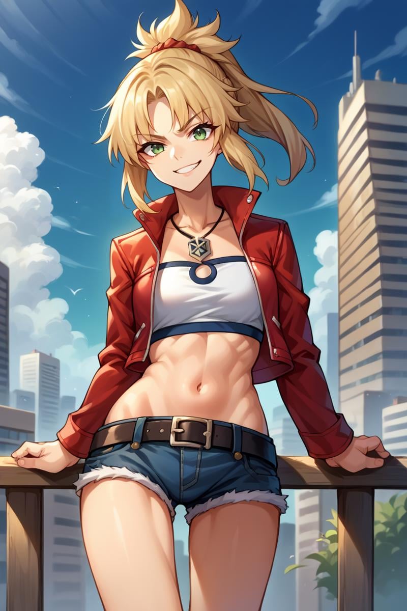 score_9, score_8_up, score_7_up, score_6_up, source_anime, BREAK 1girl, solo, <lora:mordred-pdxl-nvwls-v1-000005:1> casualMord, blonde hair, green eyes, ponytail, necklace, white tube top, midriff, red jacket, belt, short shorts, denim shorts, looking at you, smirk, city, blue sky