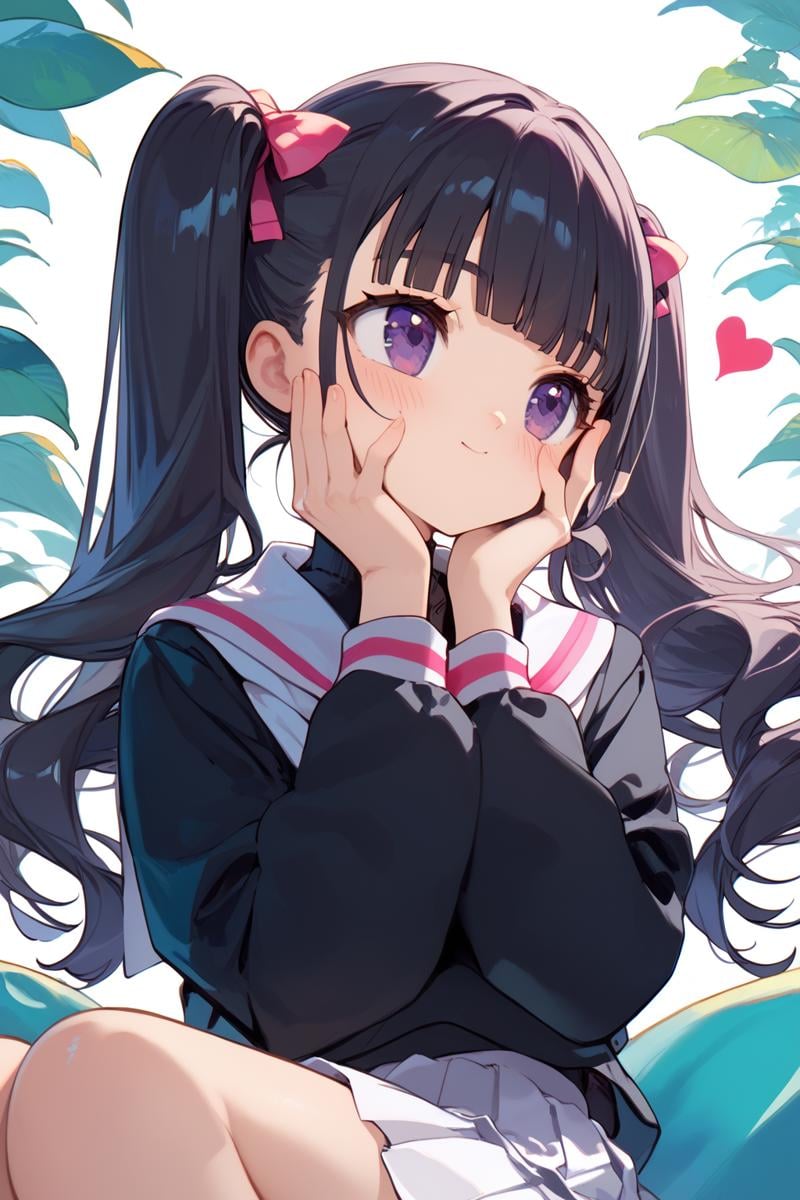 score_9, score_8_up, score_7_up, source_anime,simple background,cowboy shot,sitting, holding face, blush, looking away, heart,<lora:tomoyo_autismConfetti_v01:1>black hair, blunt bangs, long hair, purple eyes,  twintails,tomoeda elementary school uniform,  black shirt, sailor collar, school uniform,  white sailor collar, long sleeves, white pleated skirt,, zPDXL