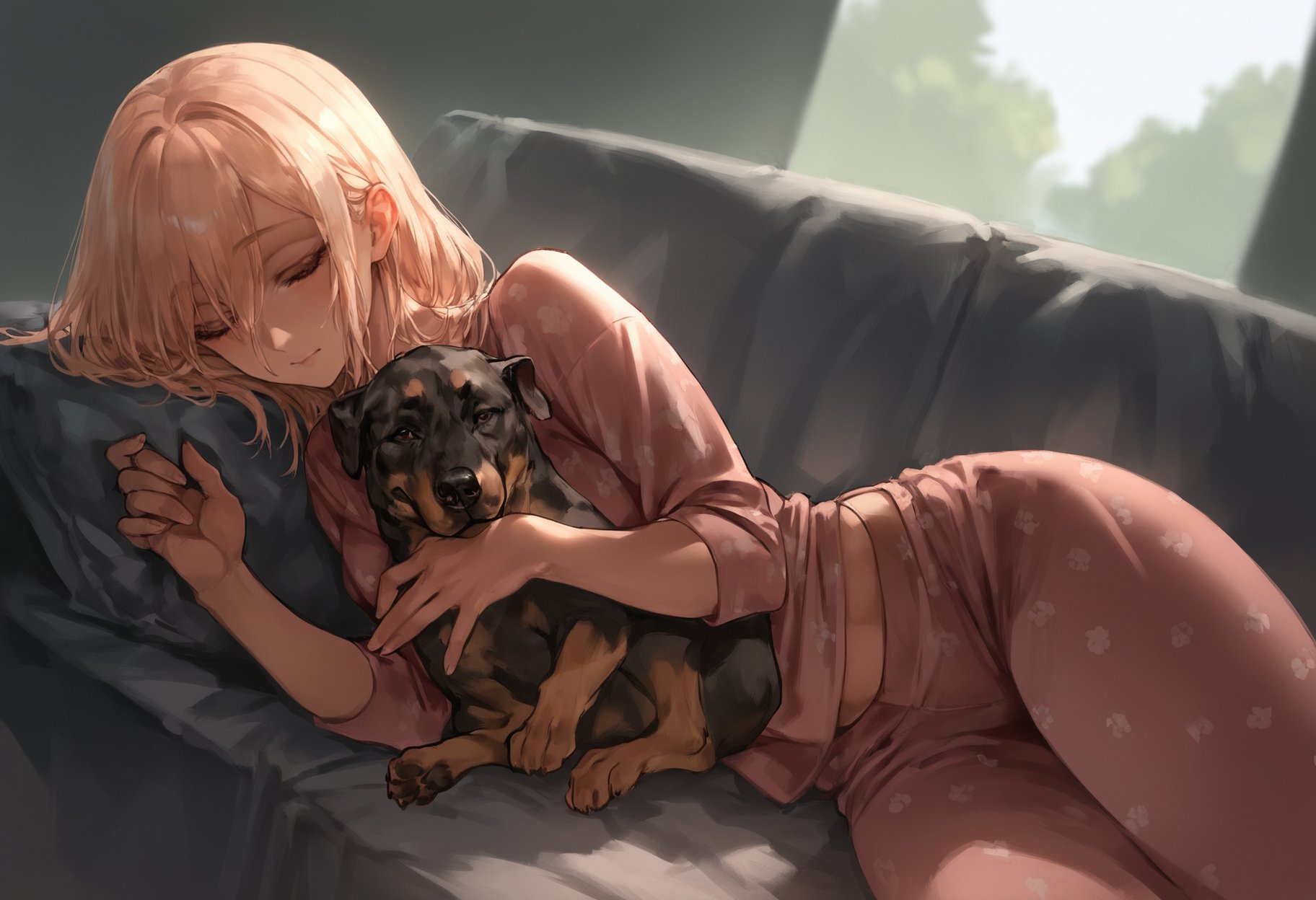 zPDXL, hi resBREAK 1girl, domestic dog, dark skin, pajamas, cuddling, on sofa, relaxing, sunlight<lora:leander_ponyXL_v10:0.6> <lora:scoreSlider_ponyXL_v10:1> <lora:polki_ponyXL_v10:0.8>