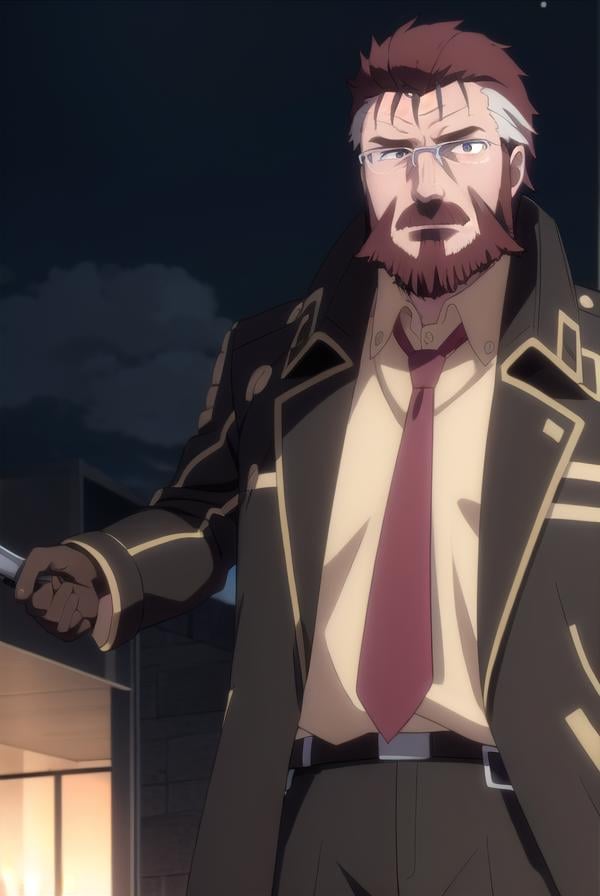 blitztalker, <lora:blitz talker s1-lora-nochekaiser:1>,blitz talker, brown hair, male focus, red hair, multicolored hair, facial hair, scar, (black eyes:1.5), beard, glasses,BREAK shirt, gloves, necktie, black gloves, coat, yellow shirt,BREAK outdoor, city, night, sky, buildings, moon, clouds,BREAK looking at viewer, (cowboy shot:1.5),BREAK <lyco:GoodHands-beta2:1>, (masterpiece:1.2), best quality, high resolution, unity 8k wallpaper, (illustration:0.8), (beautiful detailed eyes:1.6), extremely detailed face, perfect lighting, extremely detailed CG, (perfect hands, perfect anatomy),