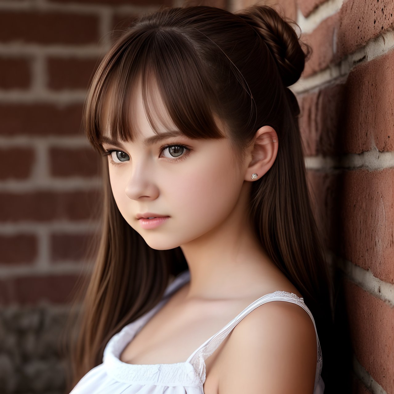 SFW, extra resolution, looking at viewer, profile of stunning (AIDA_LoRA_BelK:1.02) <lora:AIDA_LoRA_BelK:0.70> posing for a picture in front of brick wall, leaning on wall, young teen girl, pretty face, white dress, intimate, dramatic, insane level of details, studio photo, kkw-ph1