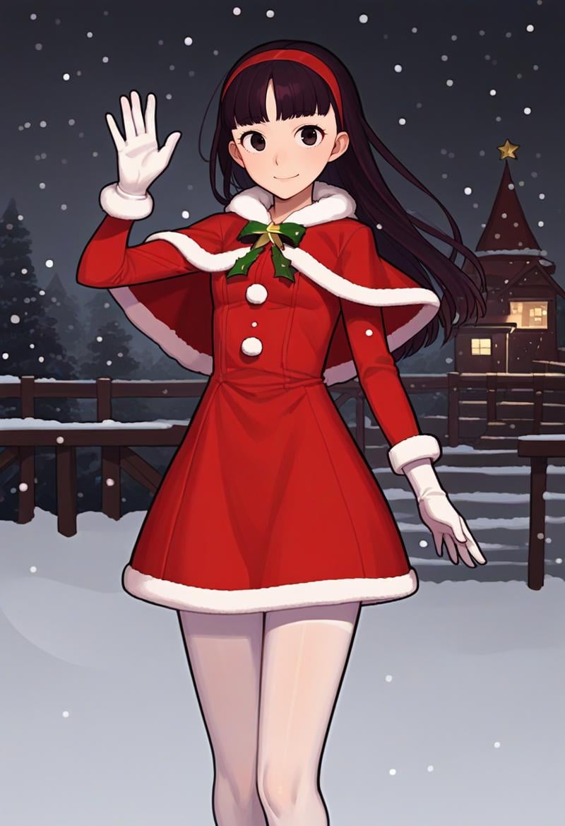 score_9, score_8_up, score_7_up, source_anime, solo, 1girl, yukikodef, slight smile, looking at viewer, waving, red hairband, christmas, fur trim, red capelet, fur-trimmed capelet, red dress, fur-trimmed dress, long sleeves, white gloves, white pantyhose, snowing, outdoors <lora:persona4_amagi_ponyXL-000007:1>