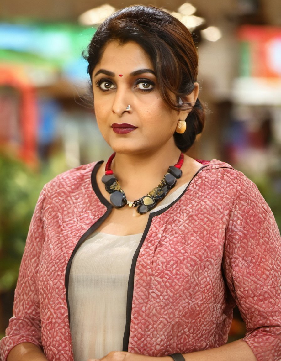 RamyaKrishnan,A detailed portrait of a woman with a neutral expression, facing the camera head-on. She has light brown wavy hair parted on the side and draped over her shoulders. Her makeup includes defined eyebrows, subtle eyeshadow, and bold red lipstick. She has green eyes and a scattering of freckles across her nose and cheeks. She's wearing what appears to be a red garment with a black denim jacket over it, the collar of the jacket is popped and outlined with black stitching, RamyaKrishnan,An image of a young woman with light brown hair in a low ponytail, standing in an indoor shopping mall. She should be facing left with her body, while her head is turned to look directly at the camera, giving a soft and engaging expression. Her attire consists of a black top with a red and black checkered overshirt with rolled-up sleeves. The background should be out of focus with the suggestion of store fronts and decorative lights. The lighting is bright and soft, suggesting a well-lit indoor space with some natural light