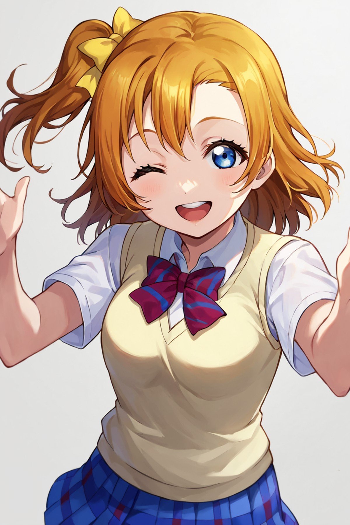 score_9, score_8_up, score_7_up, source_anime BREAK 1girl, solo, lovelive_honoka, cowboy shot, school uniform, sweater vest, short sleeves, plaid skirt, one side up, yellow hair bow, red bowtie, medium hair, brown hair, blue eyes, looking at you, smile, one eye closed, open mouth, <lora:lovelive_honoka_2-000013:1>