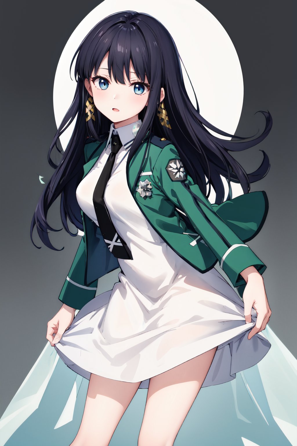 <lora:細節-繁雑度:0.5>,masterpiece,best quality,highres,ultra-detailed,1girl,standing,magic_high_school_uniform, green jacket, white dress, black necktie, <lora:magic_high_school_uniform-01:0.7>,