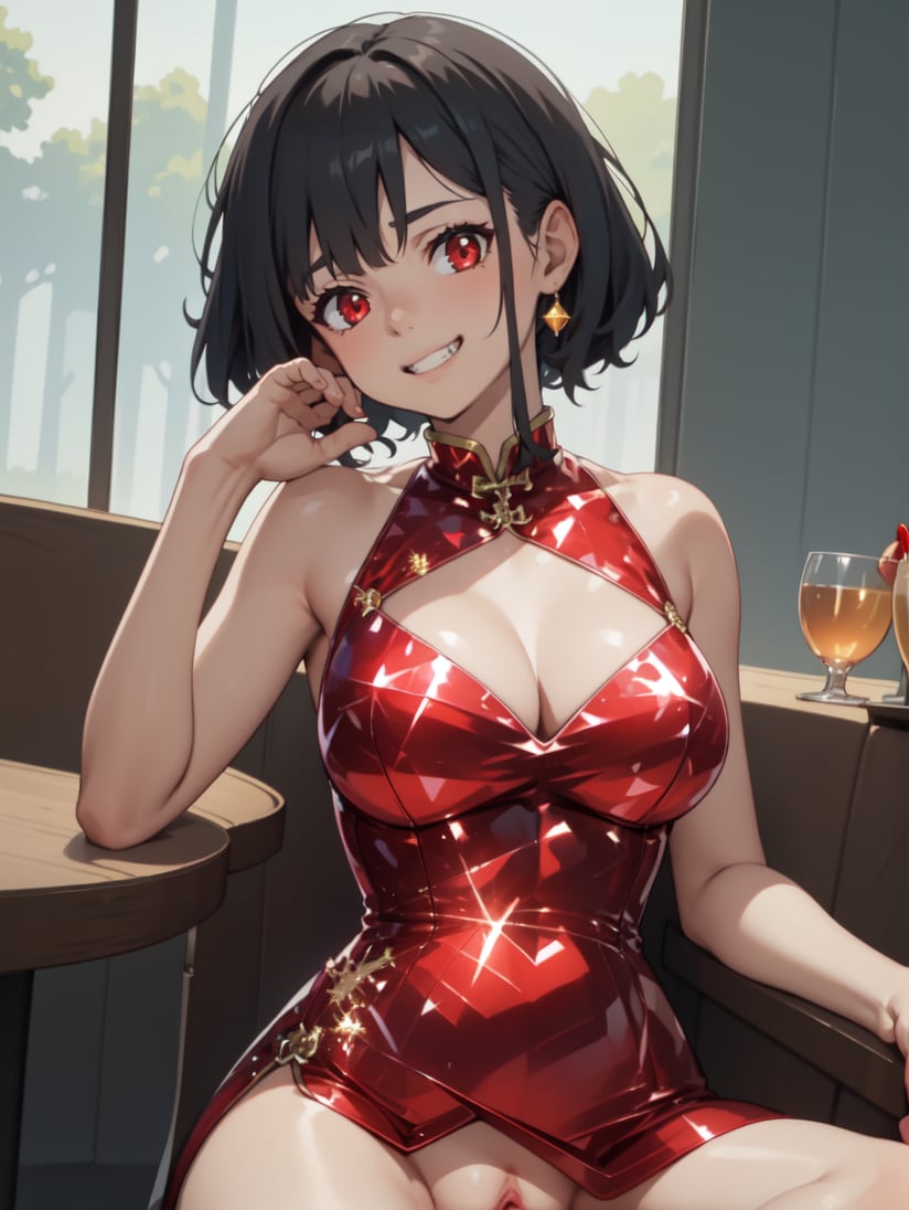 8k, masterpiece, highly detailed, high quality,1girl wearing a red (crystalline dress), <lora:crystalline_dress-SD-2.0:1>red eyes, [qipao], china dress, cleavage cutout, large breasts, black hair, bob cut, restaurant, grin, head tilt, reclining, spread legs, pussy, presenting