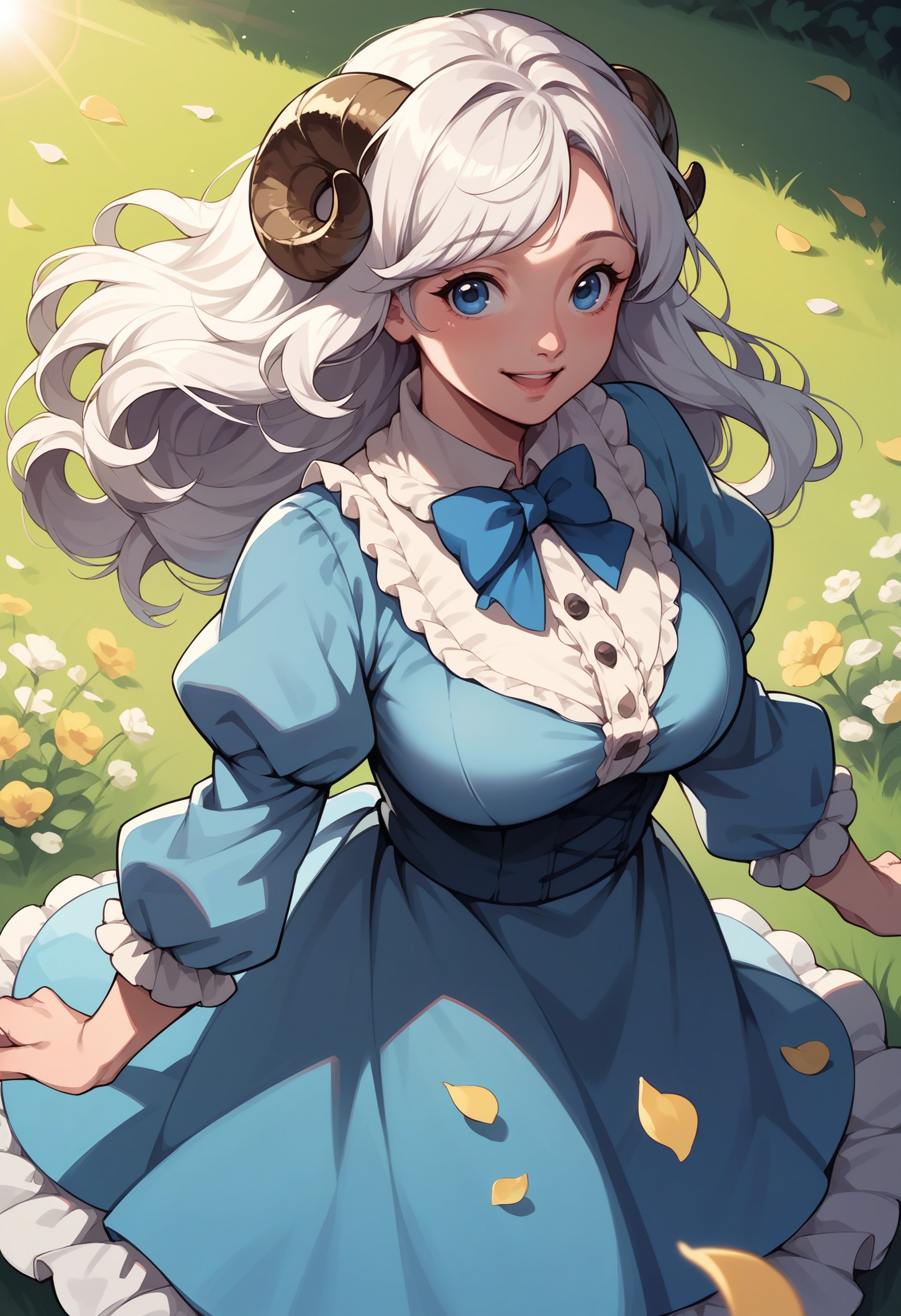 score_9, score_8_up, score_7_up, score_6_up BREAK solo,outdoors,field,flowers,sunbeam,sheep girl,neck tuft,white hair,sheep horns,blue eyes,blue dress,frills,puffy sleeves,ribbons,bowtie,long hair,lens flare,from above,happy,wind,petals,mature female,milf