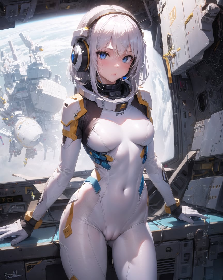 masterpiece, best quality, 1girl, spacecraft, spacecraft interior, white hair, blue eyes, looking at viewer, bodysuit, space, blue eyes, white hair, medium hair, headset, medium breasts, stars, cameltoe, 