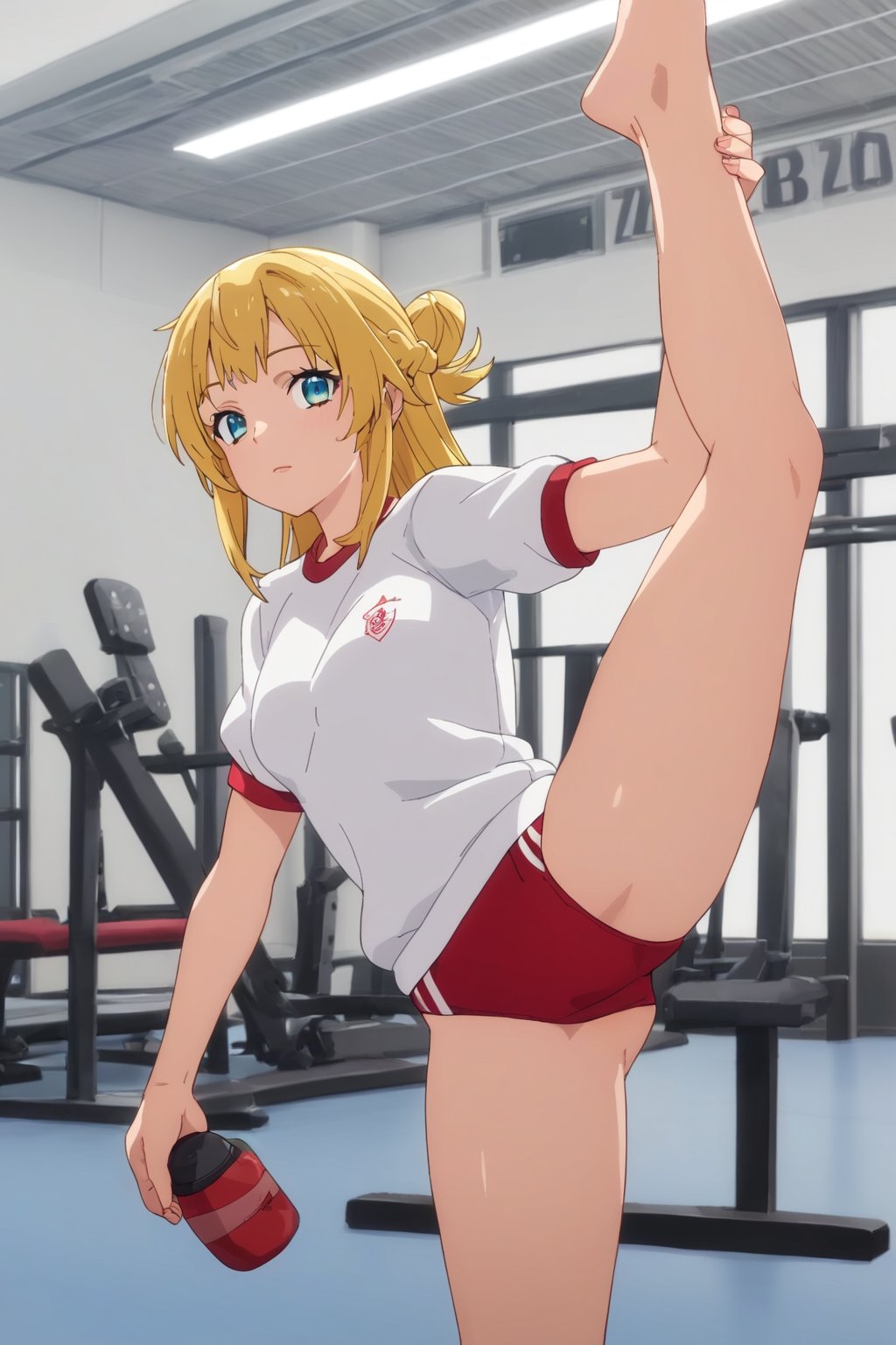 score_9, score_8_up, score_7_up, score_6_up, score_5_up, score_4_up, source_anime,ritto, single hair bun, 1girl, solo, gym uniform, gym, standing split, looking at viewer, red buruma, short sleeves、masterpiece, perfect face, best quality, beautiful girl, cute girl, beautiful eyes, shiny eyes, anime coloring, anime screencap, absurdres, award winning, <lora:ritto s2 nai 904:0.8>