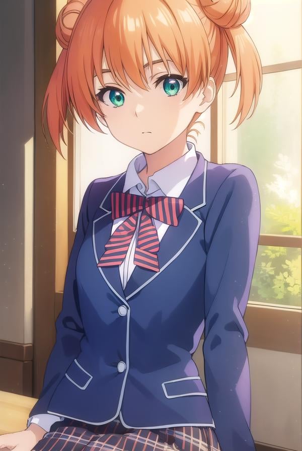 yuukiyoshino, <lora:yuuki yoshino s1-lora-nochekaiser:1>,yuuki yoshino, short hair, twintails, (green eyes:1.3), hair bun, orange hair, double bun,BREAK bow, school uniform, striped, bowtie, blazer, striped bowtie, blue blazer, brown skirt, plaid skirt, plaid,BREAK indoors, kitchen,BREAK looking at viewer, (cowboy shot:1.5),BREAK <lyco:GoodHands-beta2:1>, (masterpiece:1.2), best quality, high resolution, unity 8k wallpaper, (illustration:0.8), (beautiful detailed eyes:1.6), extremely detailed face, perfect lighting, extremely detailed CG, (perfect hands, perfect anatomy),