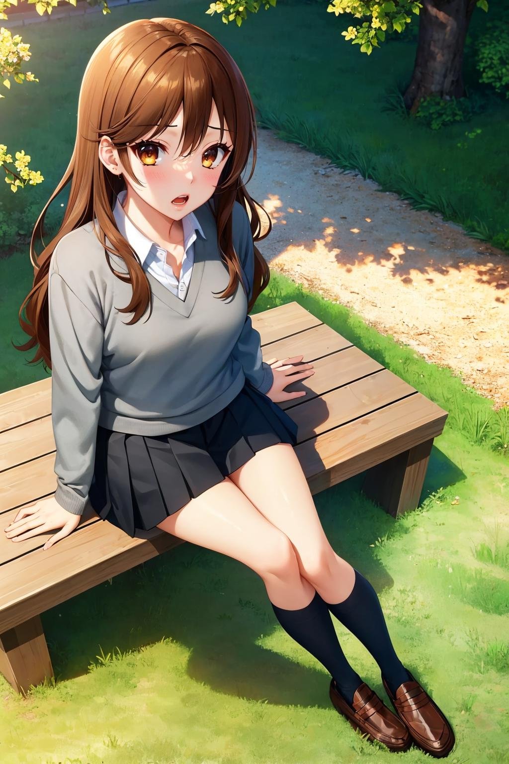 masterpiece, best quality, <lora:kyoukohori-nvwls-v1-000009:0.9> hori kyouko, grey sweater, black pleated skirt, looking at viewer, sitting, furrowed brow, blush, open mouth, on ground, from above, loafers, socks, grass, trees