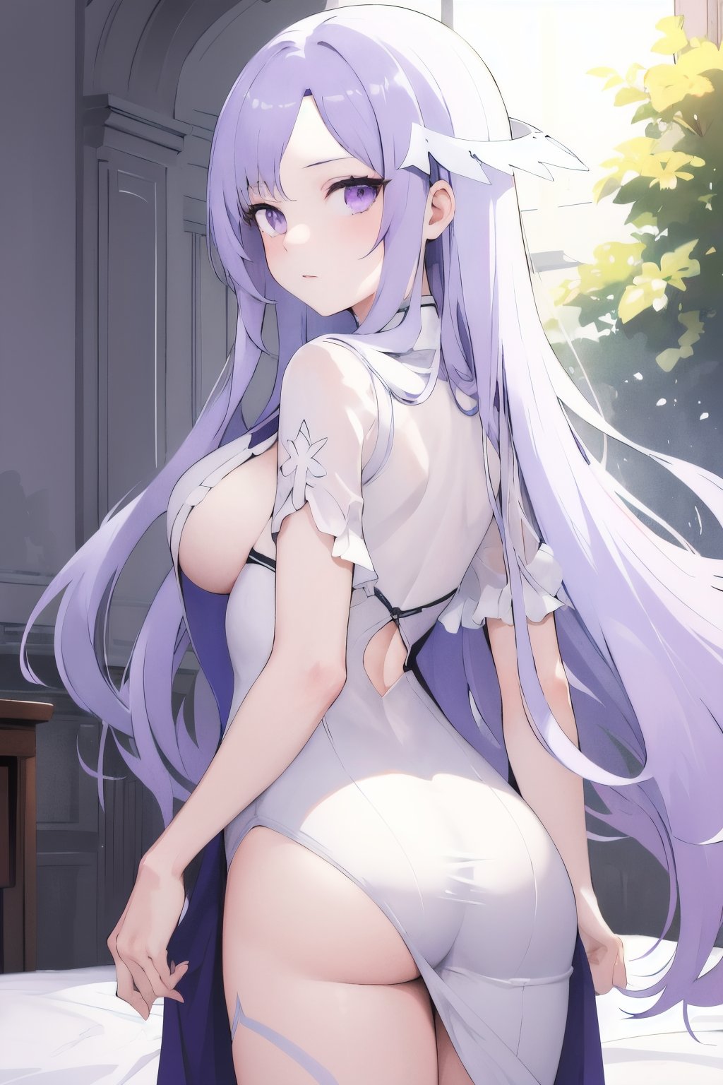 masterpiece,best quality,1girl,solo,purple eyes,very long hair,large breasts,swept bangs,light purple hair,quinella,quinella (SAO),ass,from behind,looking back,<lora:lbc_quinella_(sao)24324_v1.0>,