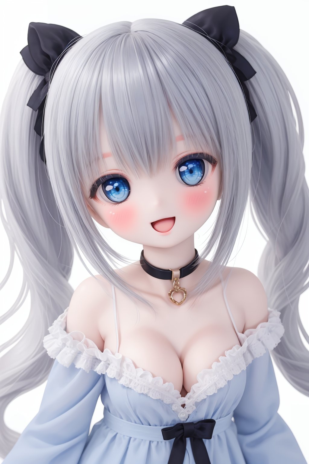 1girl, solo, breasts, blue eyes, long hair, dress, smile, looking at viewer, bangs, open mouth, bow, twintails, long sleeves, hair bow, collarbone, low twintails, blue dress, :d, cleavage, blush, grey hair, bubble, very long hair, medium breasts, blue bow