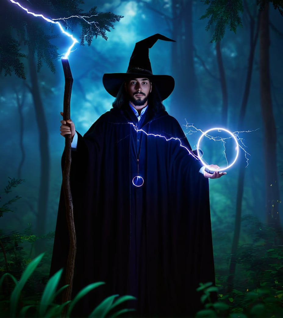 (Game CG style:1.2),(detailed light), ((lightning in hand)),lightning surrounds,(((lightning chain))),Game CG style, this dark wizard holds a staff with branches, wearing a long cloak and a hat, holding a circular magic circle in his hand, surrounded by a forest in the background. the image has a mysterious and magical atmosphere. keywords: dark wizard, staff, cloak, hat, branches, magic circle, forest, mystery, magic,