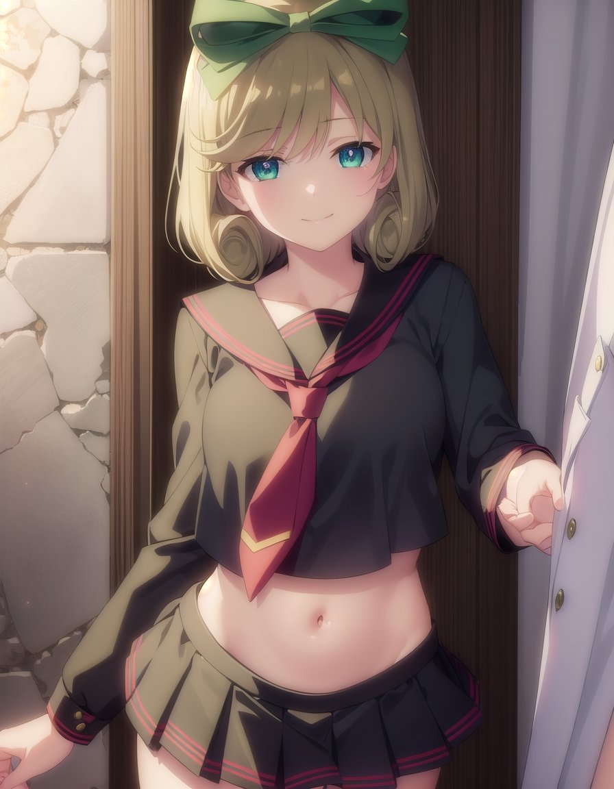 skharuka, <lora:sk haruka s1-lora-nochekaiser:1>,haruka, short hair, blonde hair, (green eyes:1.3), hair bow,BREAK skirt, bow, navel, necktie, serafuku, midriff, crop top, (black serafuku:1.2),BREAK outdoors, beach,BREAK looking at viewer, (cowboy shot:1.5), smile,BREAK <lyco:GoodHands-beta2:1>, (masterpiece:1.2), best quality, high resolution, unity 8k wallpaper, (illustration:0.8), (beautiful detailed eyes:1.6), extremely detailed face, perfect lighting, extremely detailed CG, (perfect hands, perfect anatomy),