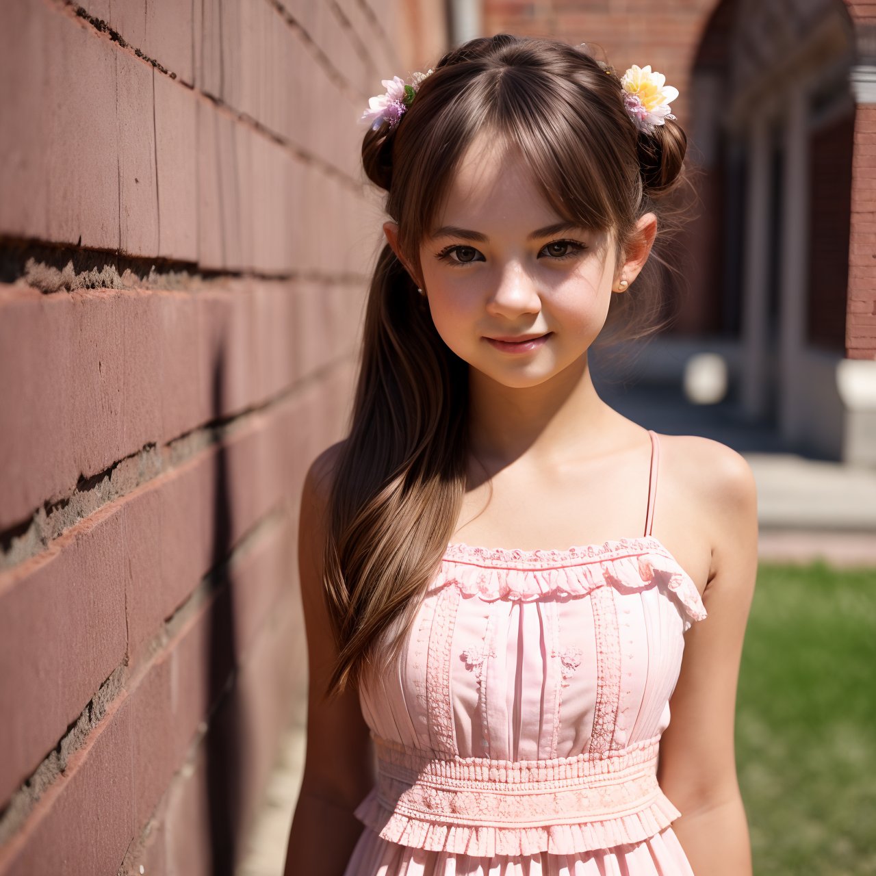 SFW, (masterpiece:1.3), extra resolution, view from above, portrait of smiling (AIDA_LoRA_BelK:1.09) <lora:AIDA_LoRA_BelK:0.92> wearing a dress with flower pattern and standing next to the brick wall, leaning on wall, outdoors, sunlight, building, young girl, pretty face, naughty, funny, happy, playful, intimate, cinematic, insane level of details, studio photo, kkw-ph1, hdr, f1.8