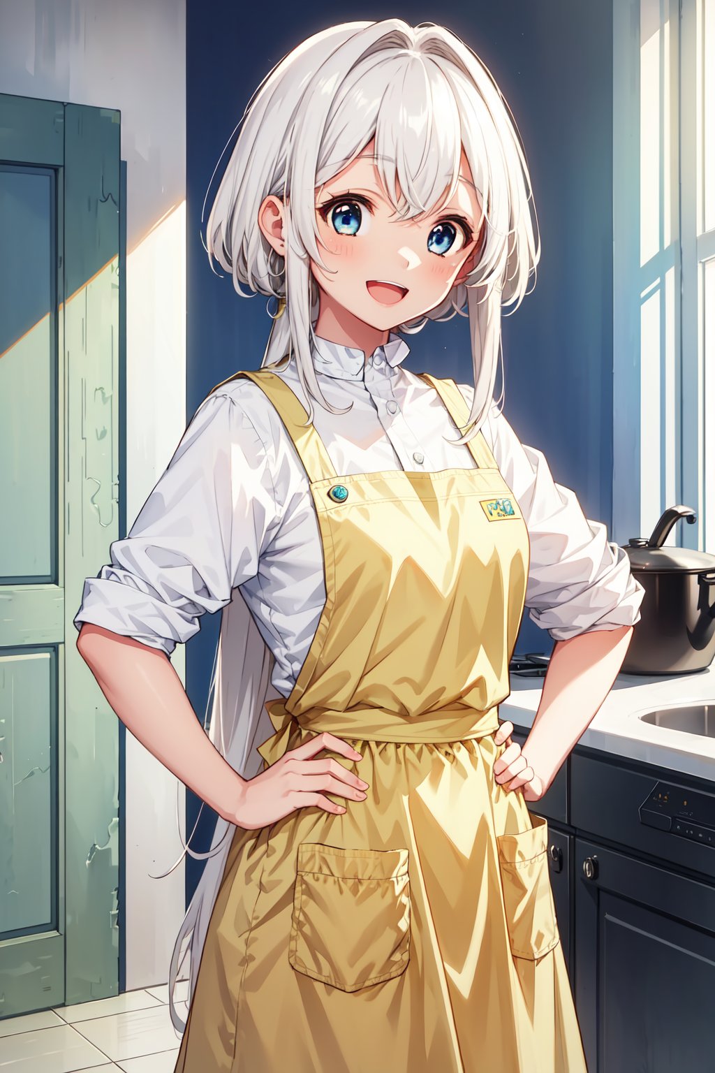 (masterpiece, best quality), solo, 1girl, lustrous skin, very aesthetic, absurdres, towa, (long hair:1.3), blue eyes, white hair, indoors, smile, :d, shirt, yellow apron, hands on hips, dynamic, official art, (original-style, original-style-accurate, original-style-perfect), kitchen<lora:EMS-352655-EMS:0.600000>