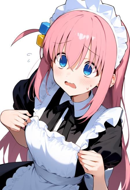 1girl, gotoh hitori, @_@,  bocchi the rock!, black dress, blue eyes, cflustered, cube hair ornament, maid apron, hands up, maid headdress, panicking, sweatdrop, pink hair, solo, upper body, dynamic angle, white background, score_9, score_8_up, score_7_up