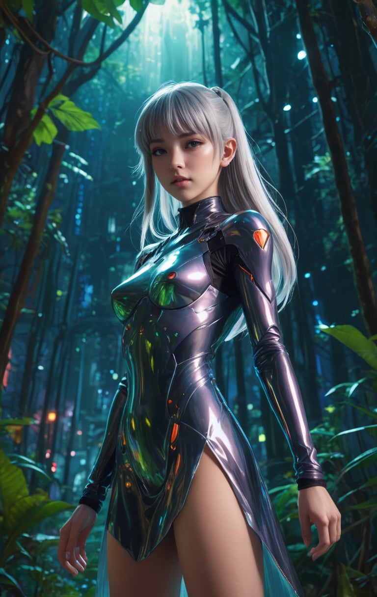 anime style, 1girl, blunt bangs, high ponytail, silver hair, pointy ears, in the depths of a bioluminescent alien jungle, [evangelion:cyberpunk edgerunners:0.5], reflective transparent iridescent opaque clothing, long sleeves, flowing dress, long skirt, very aesthetic, highres, 4k, 8k, intricate detail, cinematic lighting, amazing quality, amazing shading, detailed Illustration, official artwork, wallpaper, official art, extremely detailed eyes and face, beautiful detailed eyes, from below, full body, thigh gap, 