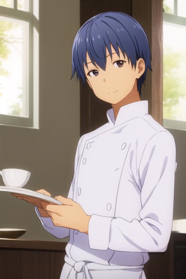 hiroomisouma, <lora:hiroomi souma s2-lora-nochekaiser:1>,hiroomi souma, (brown eyes:1.3), blue hair, male focus, smile,BREAK apron, buttons, waist apron, white pants, chef,BREAK indoors, restaurant,BREAK looking at viewer, (cowboy shot:1.5),BREAK <lyco:GoodHands-beta2:1>, (masterpiece:1.2), best quality, high resolution, unity 8k wallpaper, (illustration:0.8), (beautiful detailed eyes:1.6), extremely detailed face, perfect lighting, extremely detailed CG, (perfect hands, perfect anatomy),