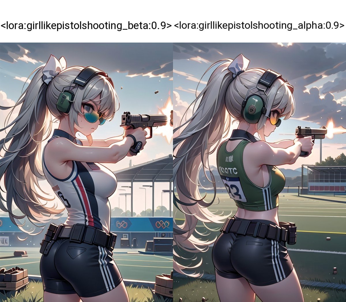 ((pistol shooting)), ((firing range)), (holding air handgun), muzzle flash, aiming at viewer and target, player uniform, sleeveless, sports shorts, ear defenders, fingerless gloves, olympic games venue, wind, steam, sweat, shadow, 1girl, braid hair, ponytail, big tits, facing viewer standing, (((tinted eyewear))), <lora:girllikepistolshooting_beta:0.9>