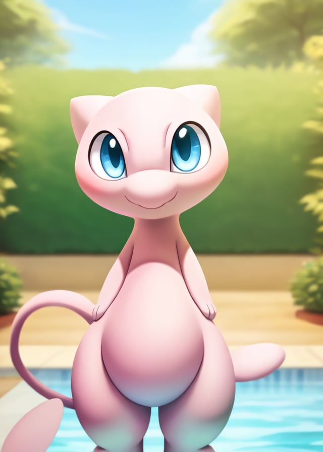 <lora:X1-Mew:0.5> (mew \(pokemon\):1.25), toony chibi, pink body, blue eyes, round eyes, (three-quarter portrait, front view, looking at viewer:1.25), (standing, swimming pool, plant, sunny day), [detailed background, detailed foreground, depth of field, detailed fur, photography, ray tracing]